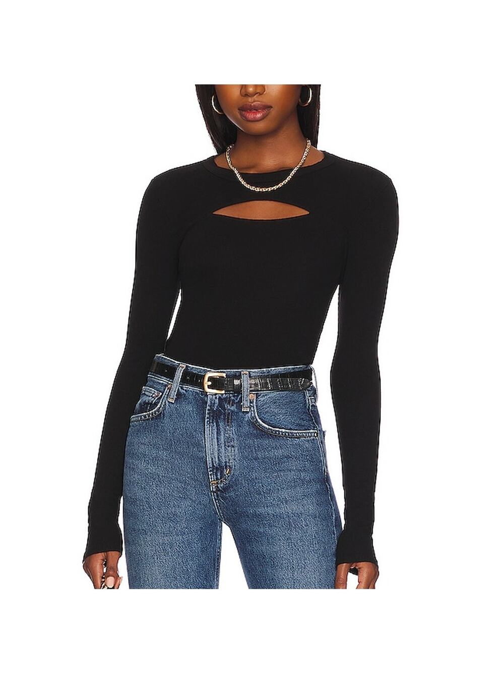 Enza Costa Ribbed Black Cutout Crew Top Size XS